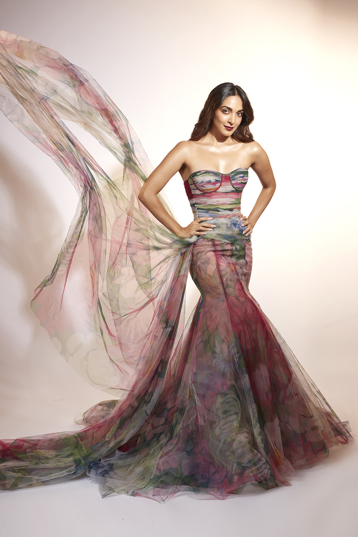 Multi-Colored Net Dahlia Printed Draped Mermaid Bridal Gown by Gauri and Nainika at Pernia's Pop Up Shop