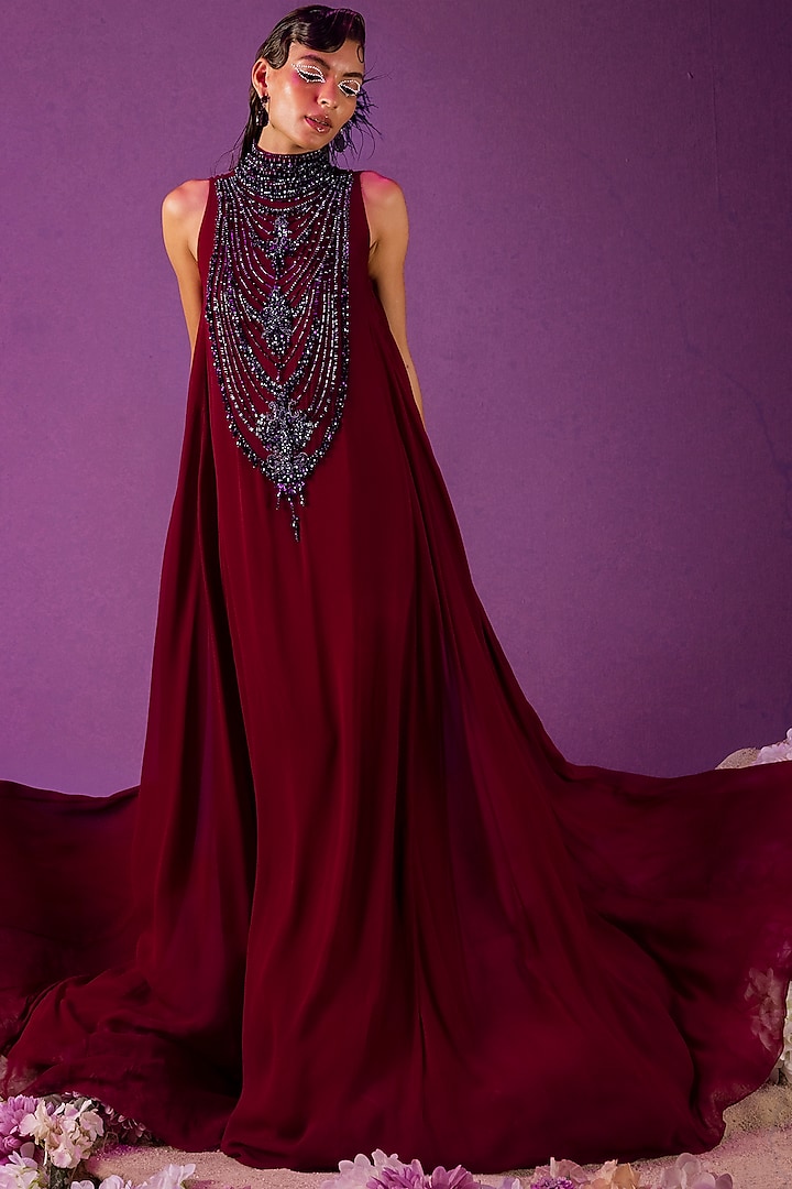 Wine Viscose Georgette Gown by Mala and Kinnary