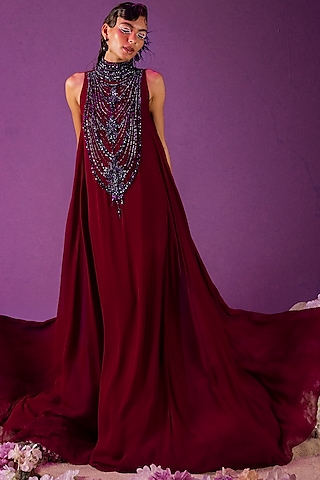 Wine Viscose Georgette Gown by Mala and Kinnary