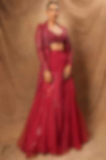 Coral Red Net Hand Embroidered Jacket Set by AWIGNA BY VARSHA & RITTU at Pernia's Pop Up Shop