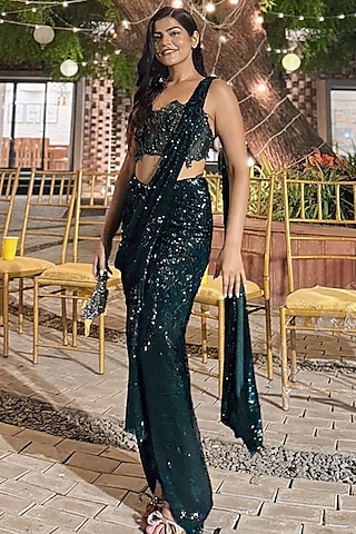 Emerald Green Sequins Lycra Draped Saree Set by Dolly J
