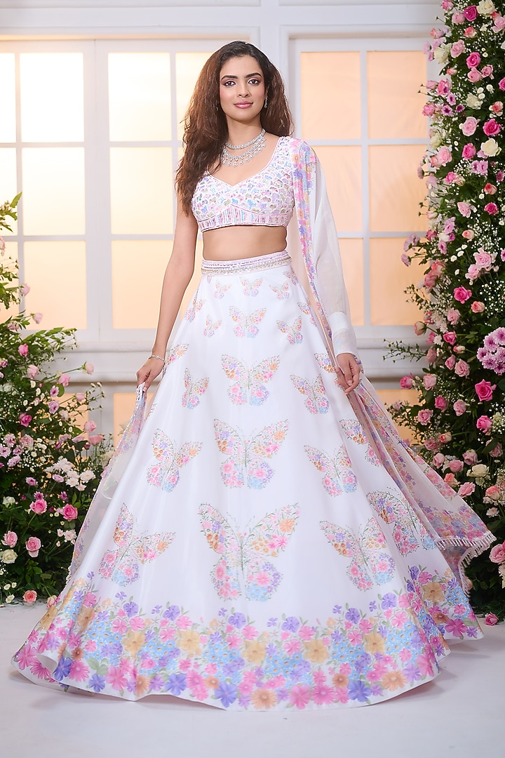 White-Rose Crystal Satin Floral Printed & Bead Embroidered Wedding Lehenga Set by LABEL PRIYANKA KAR at Pernia's Pop Up Shop