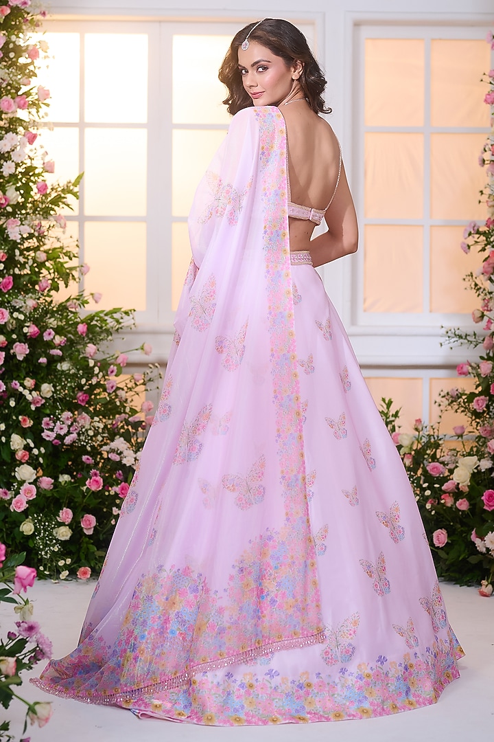 Pink Satin Floral Printed Wedding Lehenga Set by LABEL PRIYANKA KAR at Pernia's Pop Up Shop