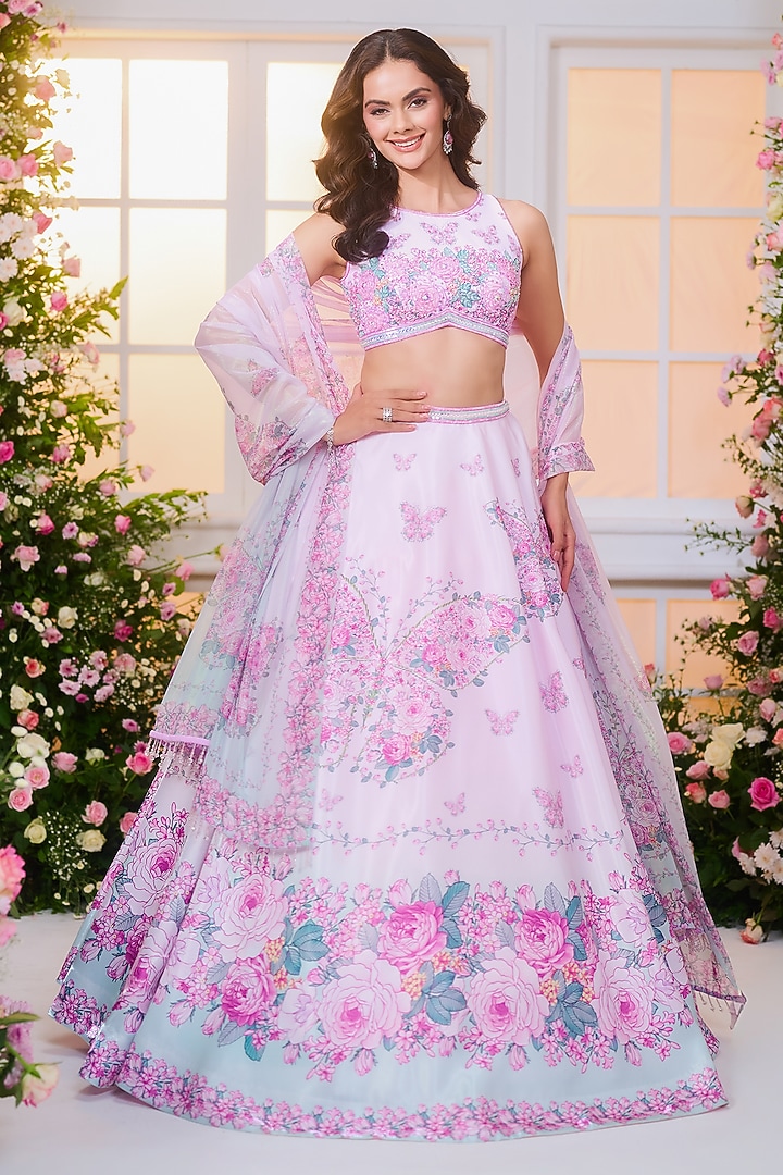 Pink & Lavender Satin Floral Printed Wedding Lehenga Set by LABEL PRIYANKA KAR at Pernia's Pop Up Shop