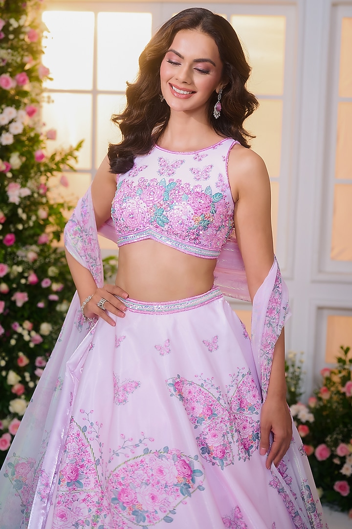 Pink & Lavender Satin Floral Printed Wedding Lehenga Set by LABEL PRIYANKA KAR at Pernia's Pop Up Shop