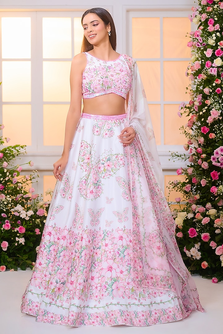 White & Pink Satin Hand Embroidered Wedding Lehenga Set by LABEL PRIYANKA KAR at Pernia's Pop Up Shop