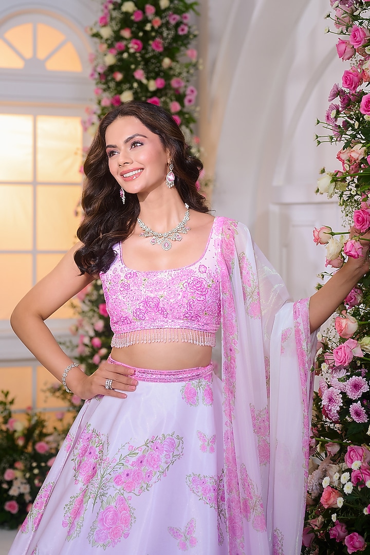 Pink Ombre Satin Hand Embroidered Wedding Lehenga Set by LABEL PRIYANKA KAR at Pernia's Pop Up Shop