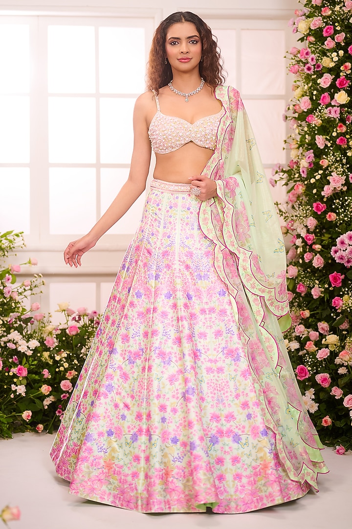 Pista Green & Pink Ombre Satin Hand Embroidered Wedding Lehenga Set by LABEL PRIYANKA KAR at Pernia's Pop Up Shop