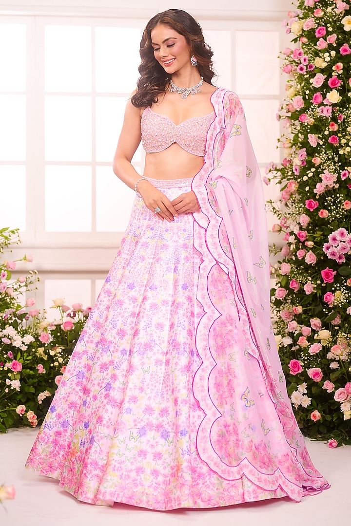 Pink & Lavender Satin Floral Printed Wedding Lehenga Set by LABEL PRIYANKA KAR at Pernia's Pop Up Shop