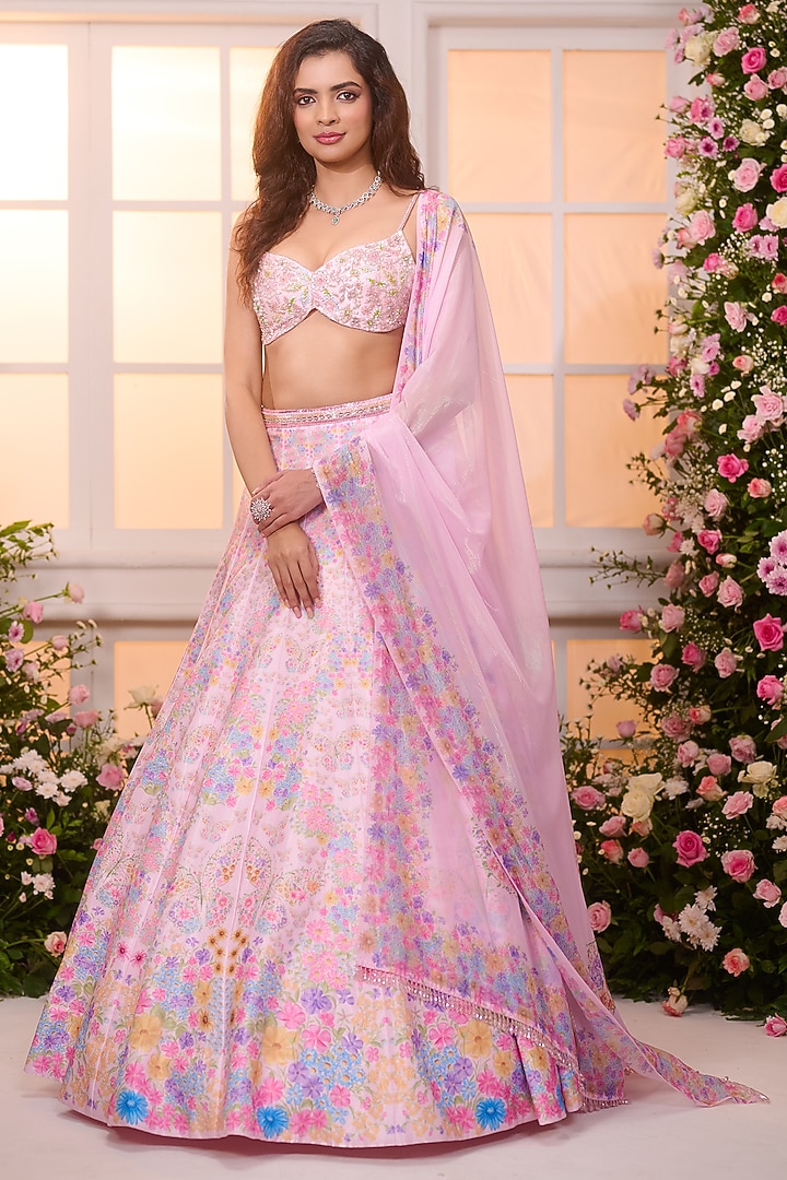 Rose Pink Satin Hand Embroidered Wedding Lehenga Set by LABEL PRIYANKA KAR at Pernia's Pop Up Shop