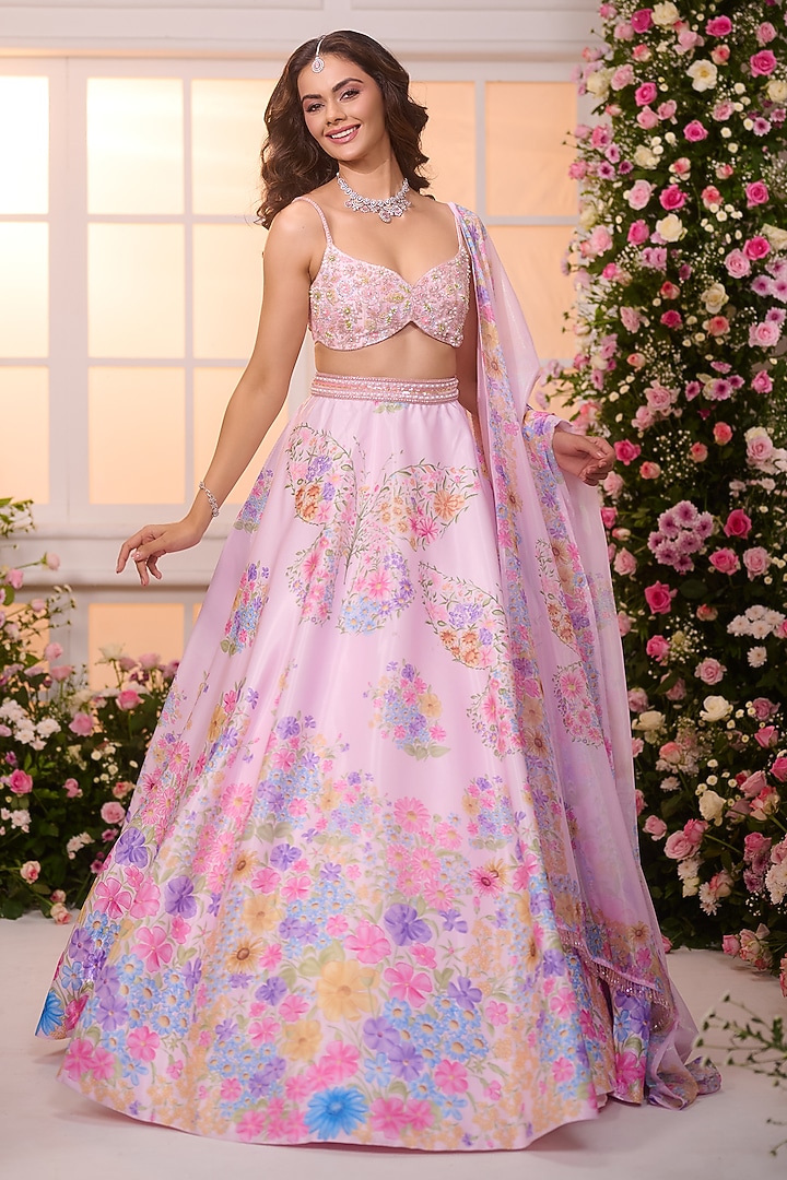 Rose Pink Satin Floral Printed Wedding Lehenga Set by LABEL PRIYANKA KAR at Pernia's Pop Up Shop