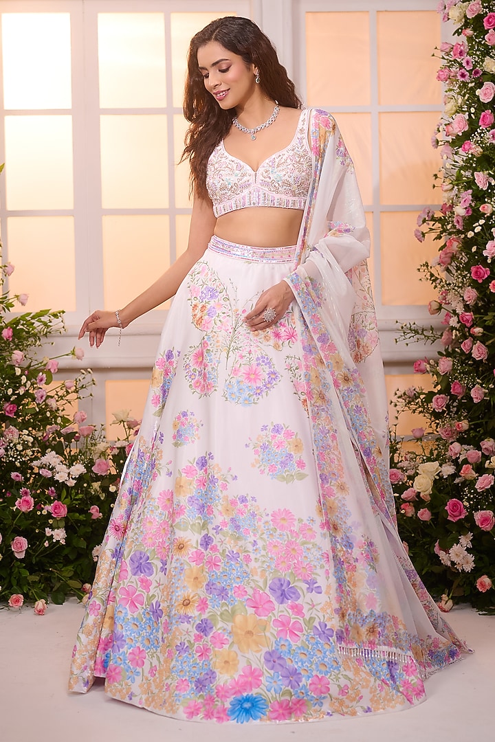 White Satin Hand Embroidered Wedding Lehenga Set by LABEL PRIYANKA KAR at Pernia's Pop Up Shop