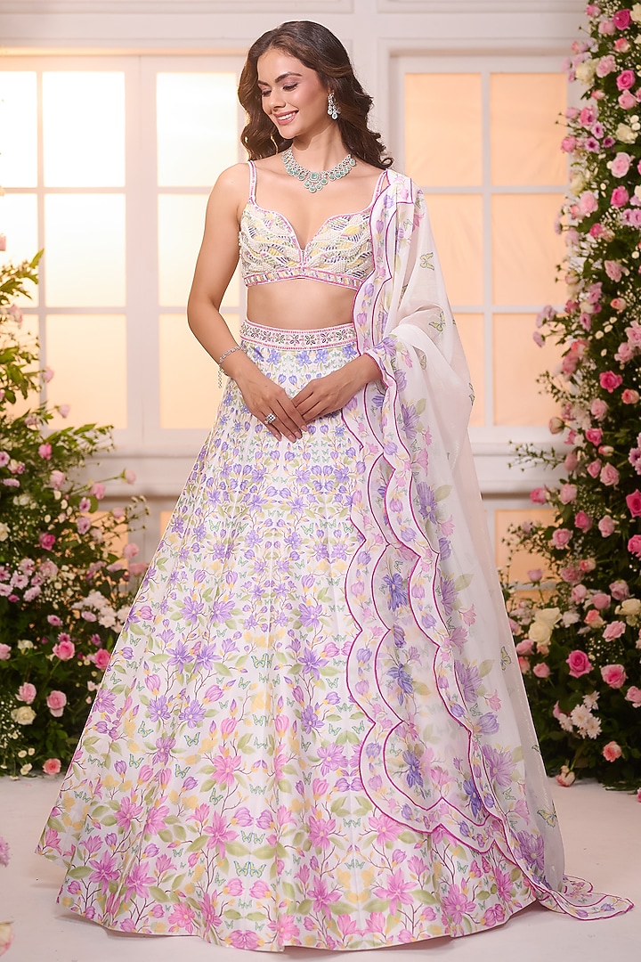 White & Pink Satin Floral Printed Wedding Lehenga Set by LABEL PRIYANKA KAR at Pernia's Pop Up Shop