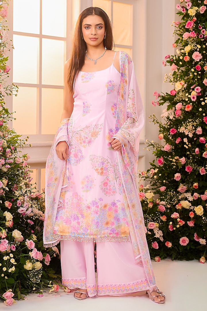 Pink Crystal Satin Floral Printed Party Wear Sharara Set by LABEL PRIYANKA KAR at Pernia's Pop Up Shop