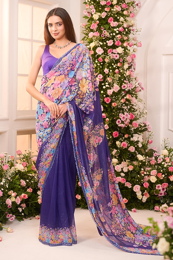 Royal Blue Crystal Satin Floral Printed Pre-Draped Party Wear Saree Set by LABEL PRIYANKA KAR at Pernia's Pop Up Shop