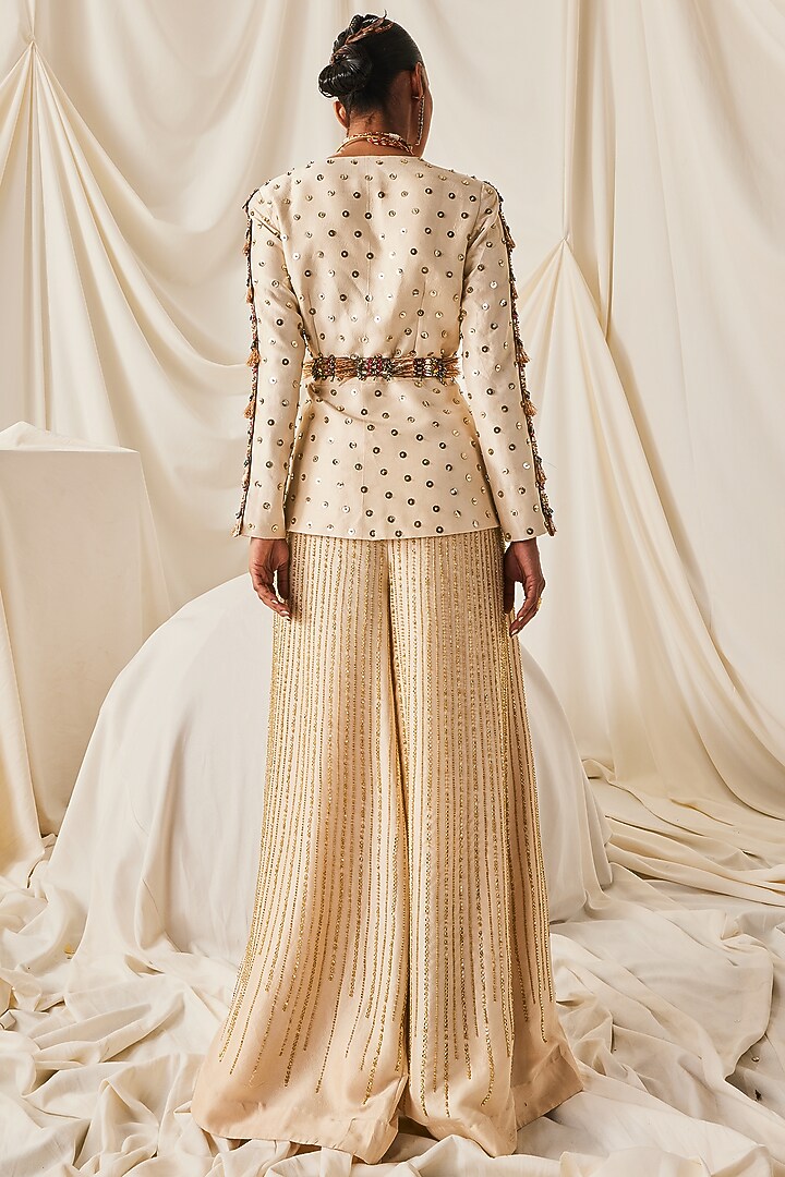 Ivory Dupion Silk Tikki Embroidered Blazer Set by Maison Blu at Pernia's Pop Up Shop