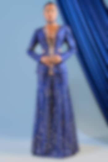 Blue Dupion Silk Tikki Embroidered Gharara Set by Maison Blu