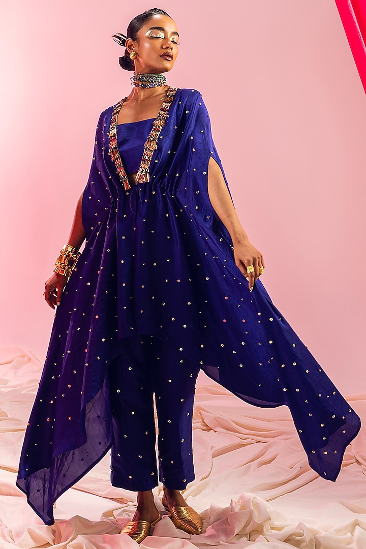 Electric Blue Dupion Silk Sequins Embroidered Cape Set by Maison Blu