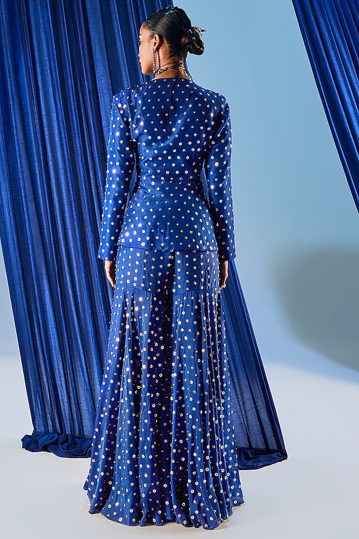 Blue Dupion Silk Tikki Embroidered Gharara Set by Maison Blu at Pernia's Pop Up Shop