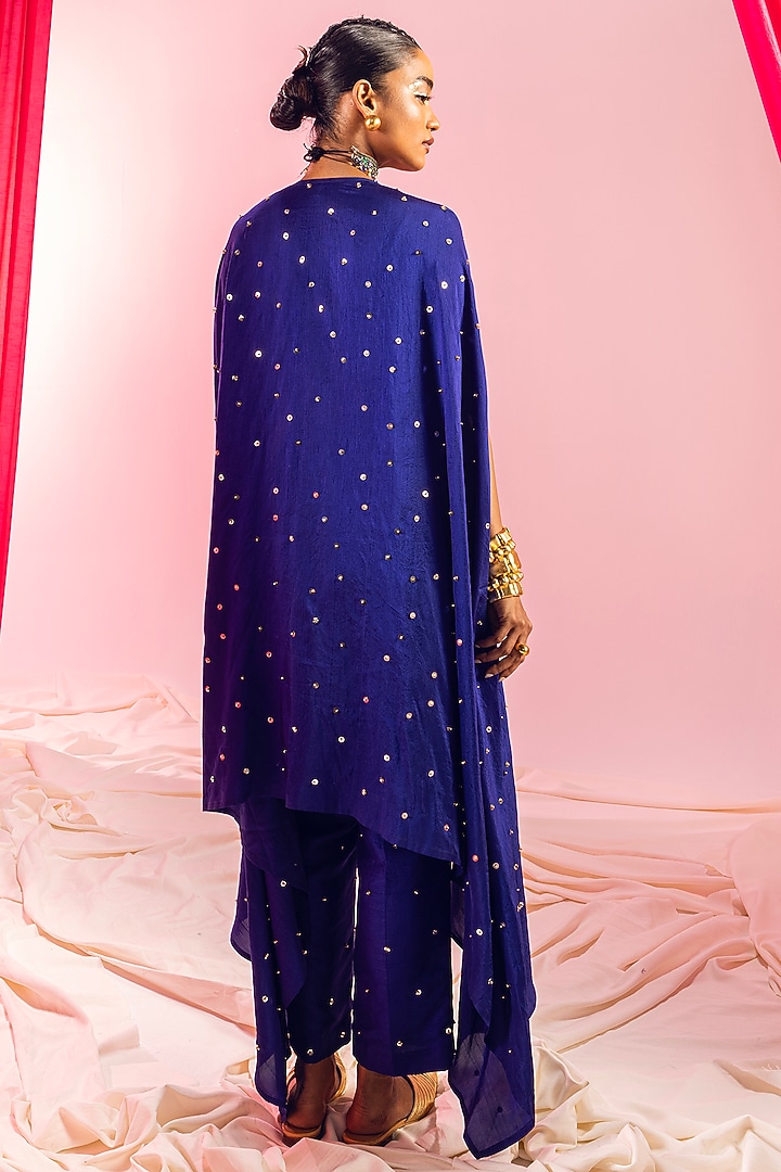Electric Blue Dupion Silk Sequins Embroidered Cape Set by Maison Blu at Pernia's Pop Up Shop
