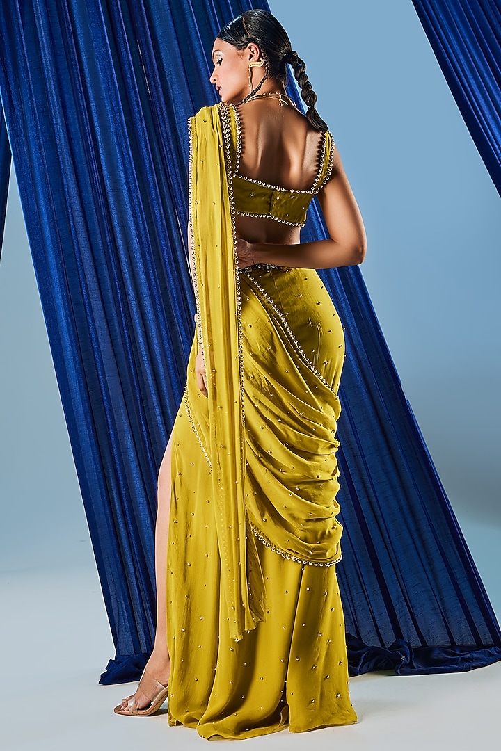 Green Georgette Embroidered Draped Wedding Saree Set by Maison Blu at Pernia's Pop Up Shop