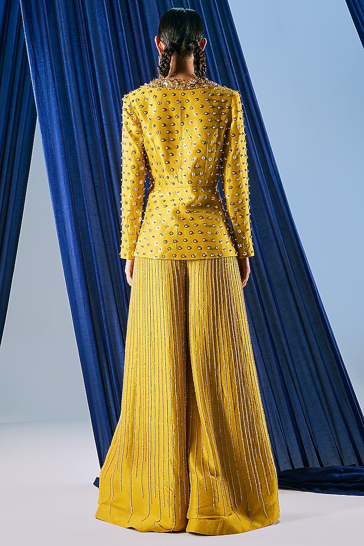 Mustard Yellow Dupion SIlk Embroidered Blazer Set by Maison Blu at Pernia's Pop Up Shop