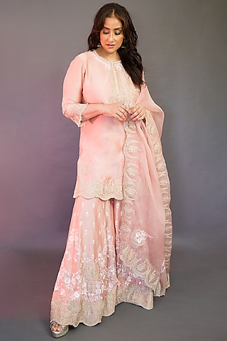 Blush Pink Pure Silk Chanderi Jaal Work Sharara Set by Sheetal Batra
