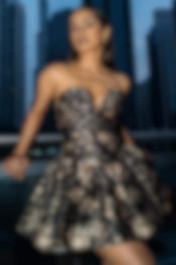 Black Mikado Printed Mini Party Wear Dress by Gauri and Nainika at Pernia's Pop Up Shop