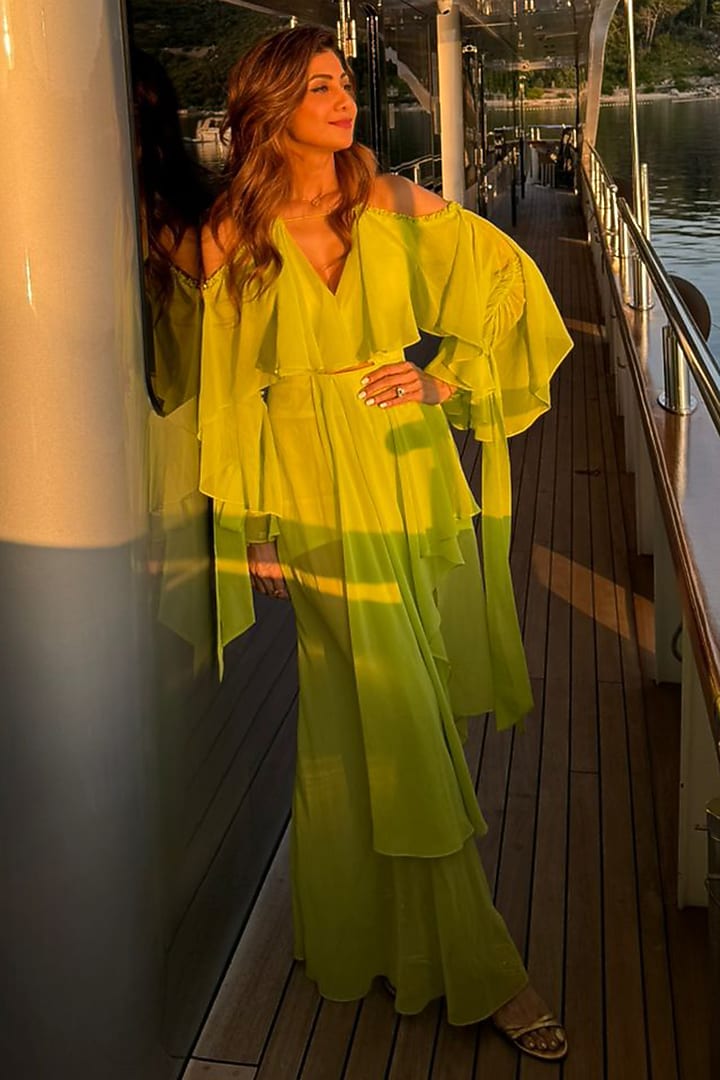 Lime Green Georgette Asymmetric Vacation Dress by Mandira Wirk - Resort at Pernia's Pop Up Shop