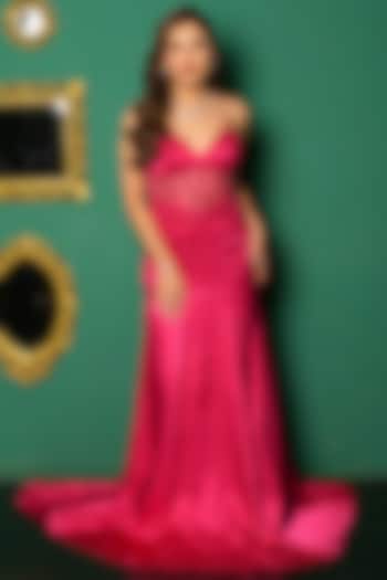Hot Pink Mashru Silk & Net Embroidered Corset Party Wear Gown With Cape by MASUMI MEWAWALLA at Pernia's Pop Up Shop