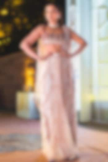 Nude Net & Mashru Embroidered Wedding Saree Set by MASUMI MEWAWALLA at Pernia's Pop Up Shop