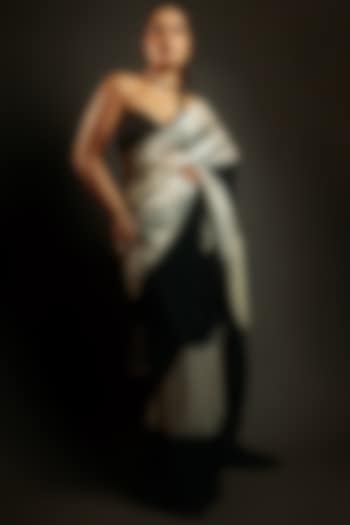 Black and Light Gold Tissue Hand Embroidered Pre-Stitched Party Wear Saree Set by MASUMI MEWAWALLA at Pernia's Pop Up Shop