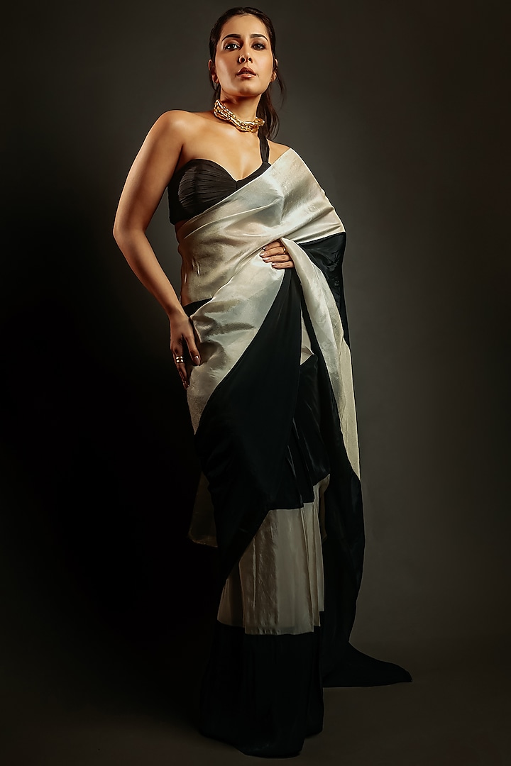 Black and Light Gold Tissue Hand Embroidered Pre-Stitched Party Wear Saree Set by MASUMI MEWAWALLA at Pernia's Pop Up Shop