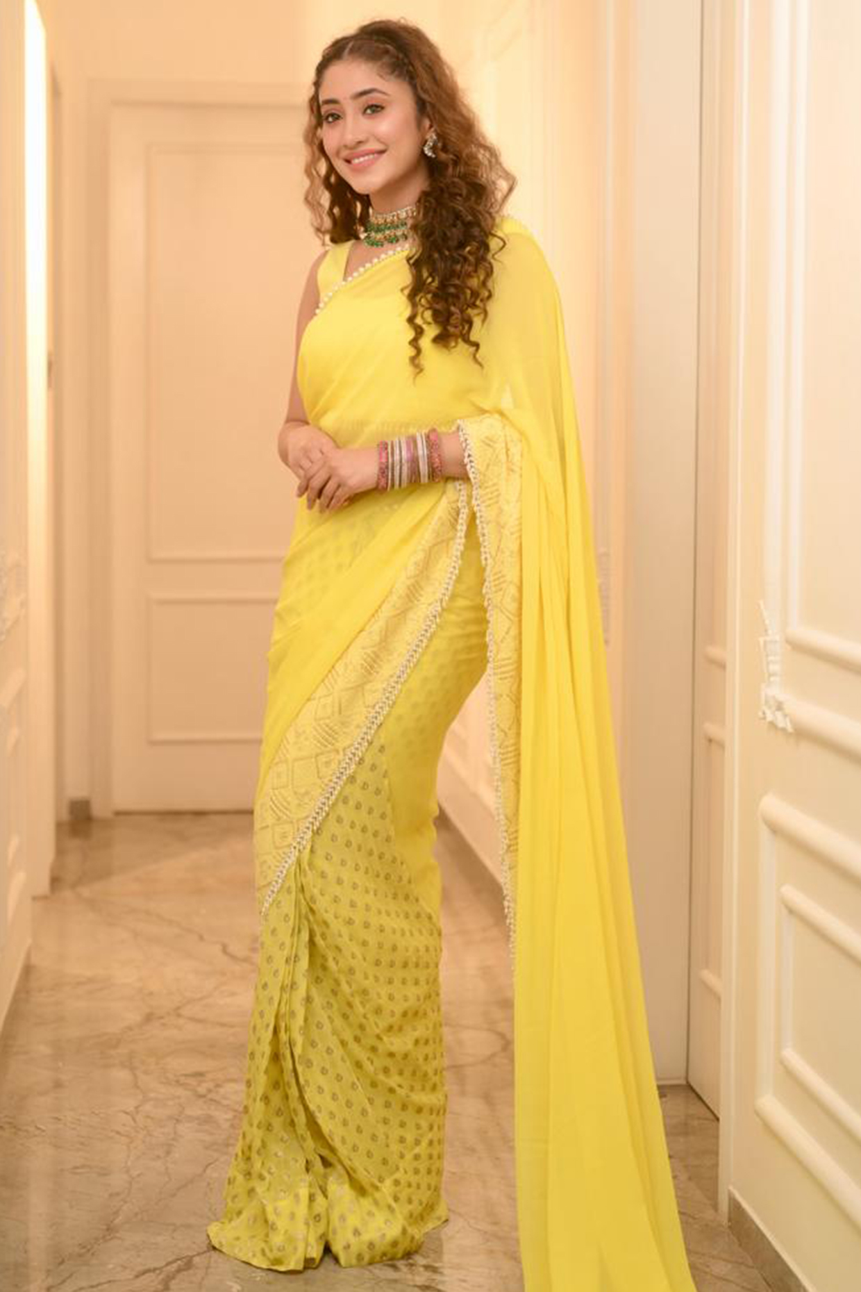Yellow Georgette Embroidered Pre-Draped Festive Saree Set by Monk & Mei at Pernia's Pop Up Shop