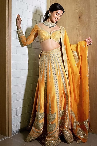 Ochre Raw Silk Gota Embellished Lehenga Set by Masaba