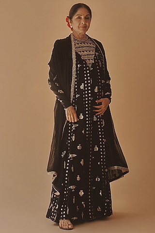 Black Crepe Silk Kinari Embellished Anarkali Set by Masaba