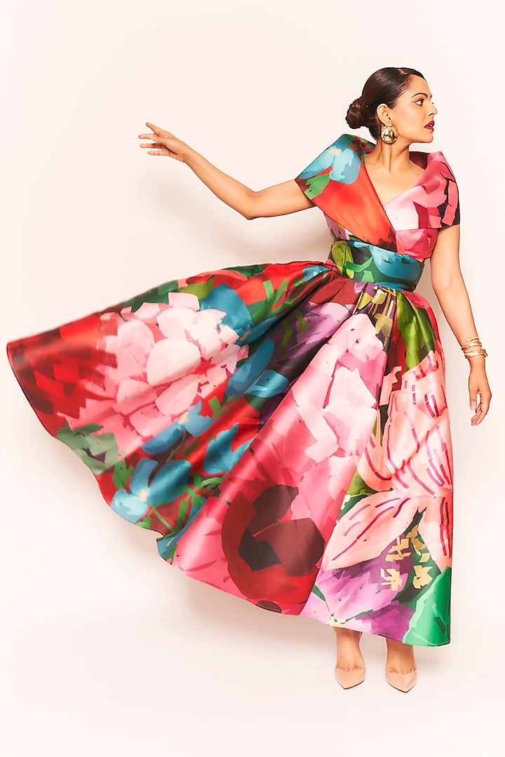 Pink Mikado Printed Midi Party Wear Dress by Gauri And Nainika at Pernia's Pop Up Shop
