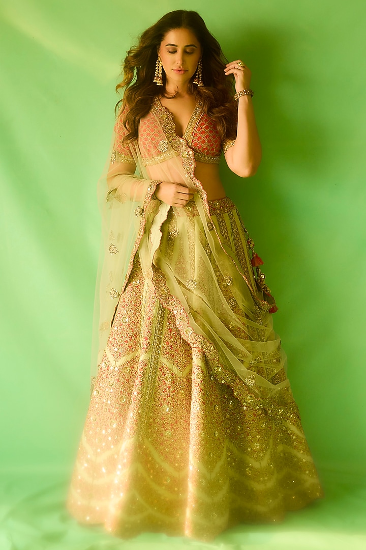 Pista Green Silk Floral Printed & Embroidered Bridal Lehenga Set by Debyani at Pernia's Pop Up Shop