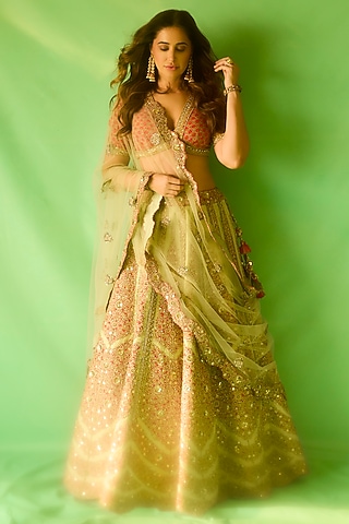 Pista Green Silk Floral Printed & Embroidered Lehenga Set by Debyani