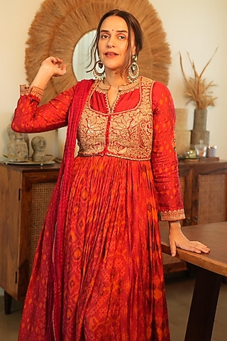 Red Slub Silk Printed Anarkali Set by SHRADDHA RAMBHIA