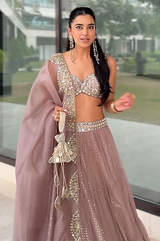 Mocha Mousse Colored Banarasi Chanderi Silk Embellished Lehenga Set by Neha khullar