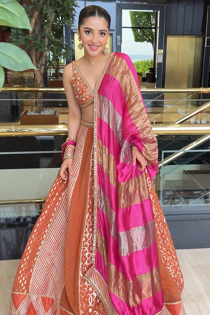 Rust Banarasi Chanderi Gota Embroidered Wedding Lehenga Set by Neha khullar at Pernia's Pop Up Shop