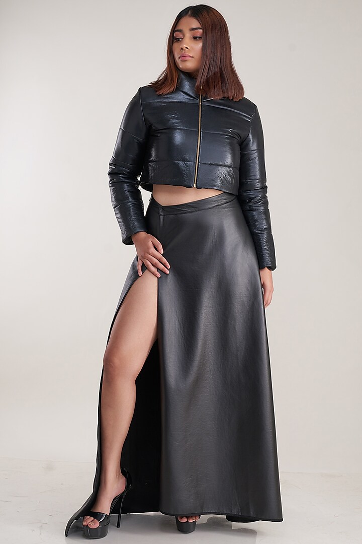 Black Leather Wrap Skirt by Pooja Bagaria