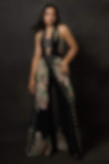 Black Organza Sequins Embroidered Hand Draped Jacket Set by Papa Don't Preach by Shubhika at Pernia's Pop Up Shop