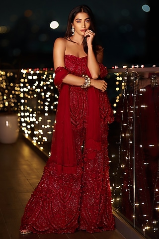 Red Net Sharara Set by Ridhima Bhasin