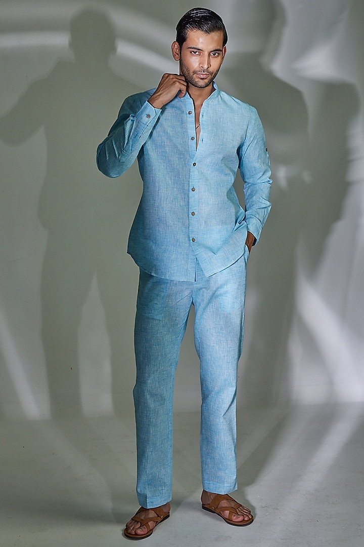 Blue Linen Shirt by PUNEET KAPOOR LABEL