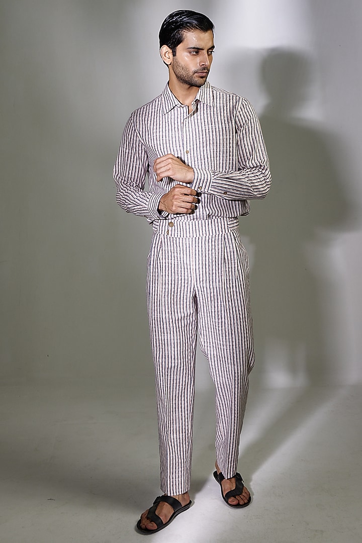 White Linen Striped Pants by PUNEET KAPOOR LABEL