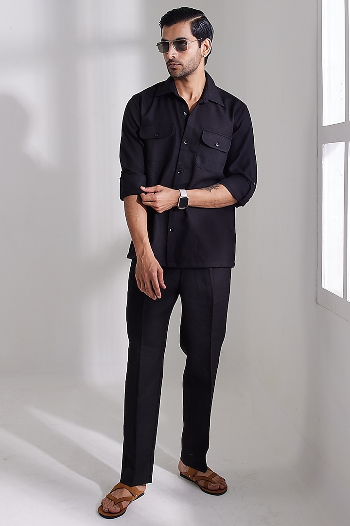 Black Jute Linen Shirt by PUNEET KAPOOR LABEL