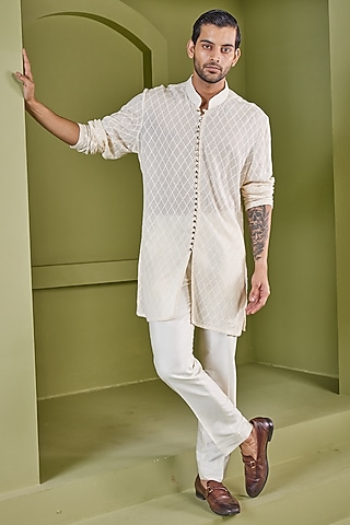 Cream Weave Cotton Printed Kurta by PUNEET KAPOOR LABEL