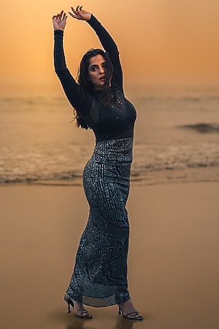 Metallic Black Stretch Sequins & Knit Lame Sequins Gown by CHAM CHAM
